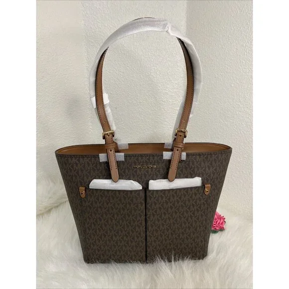 MICHAEL KORS JET SET TRAVEL MD DOUBLE POCKET TOTE SHOULDER BAG MK BROWN MOCHA